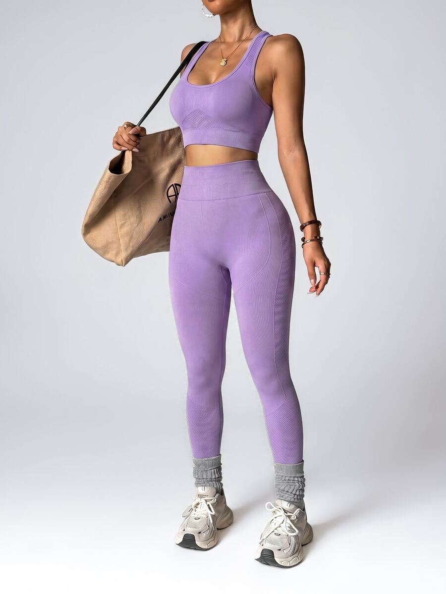 Easithlete Easithlete 女款純色短版上衣與高腰長褲休閒日常運動套裝 - 淡紫色 - 查看 1
