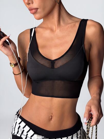 Easithlete Top deportivo corto sexy con patchwork de malla