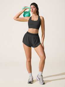 Easithlete Easithlete Black Waistband Splice Mesh Slim Fit Shorts With Storage Pocket, Casual Versatile Sports Shorts - Black - View 5