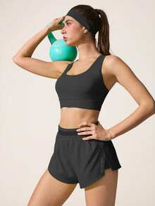 Easithlete Easithlete Black Waistband Splice Mesh Slim Fit Shorts With Storage Pocket, Casual Versatile Sports Shorts - Black - View 6
