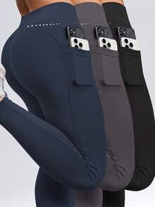 Velisys Velisys 3pcs Plus Size Women Solid Color Pockets Casual Fitness Leggings - Multicolor - View 1