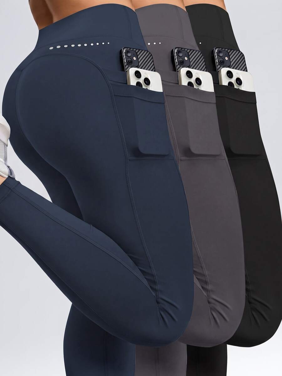 Velisys Velisys 3pcs Plus Size Women Solid Color Pockets Casual Fitness Leggings - Multicolor - View 1