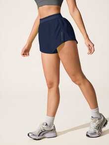 Easithlete Easithlete 休閒百搭灰色腰帶拼接網布修身收腹收納口袋運動短褲 - 藏蓝色 - 查看 6