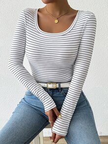 SHEIN Franclia 女士修身性感圆领长袖条纹T恤，春秋季女式上衣 - 白色 - 查看 5