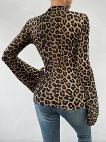 SHEIN Animal Leopard Print Women Fall Winter Chic Club Night Overlapping V-Neck Highly Elastic Skin-Friendly Soft Knitted Bell Sleeve Slim T-Shirt - Multicolor - View 3
