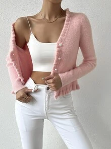 SHEIN 褶邊前紐扣毛茸茸開襟衫 - 淺粉色 - 查看 5