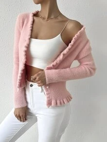 SHEIN 褶邊前紐扣毛茸茸開襟衫 - 淺粉色 - 查看 8