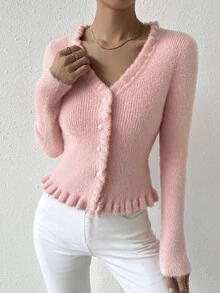 SHEIN 褶邊前紐扣毛茸茸開襟衫 - 淺粉色 - 查看 4