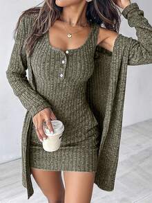 SHEIN 女士性感两件套蓝色连衣裙，秋冬 - 軍綠色 - 查看 2