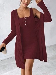 SHEIN 女士性感两件套蓝色连衣裙，秋冬 - 酒紅色 - 查看 7