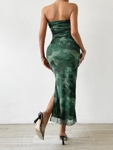 RiviMae Tie Dye Split Thigh Tube Bodycon Dress Maxi Women Outfit - Dark Green - View 3