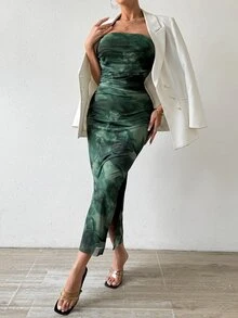 RiviMae Tie Dye Split Thigh Tube Bodycon Dress Maxi Women Outfit - Dark Green - View 2