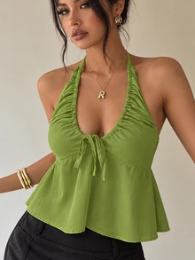SHEIN Women's Lime Green Halter Top Chic Elegant Summer Beach Vacation Matcha Green V-Neck Ruched Drawstring Bowknot A-Line Camisole Tank Top - Olive Green - View 1