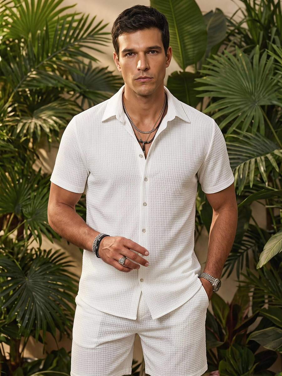 Manfinity RSRT 2pcs Men's Summer Set, Solid Button Up Shirt & Shorts Set, Vintage Gentleman Style Casual - White - View 1