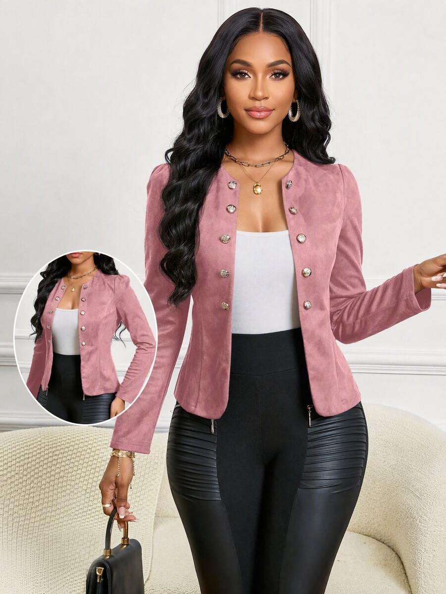 SHEIN Lady 秋冬四季绒面革纽扣细节开襟夹克