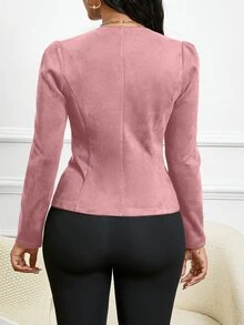 SHEIN Lady 秋冬四季绒面革纽扣细节开襟夹克 - 粉色 - 查看 3
