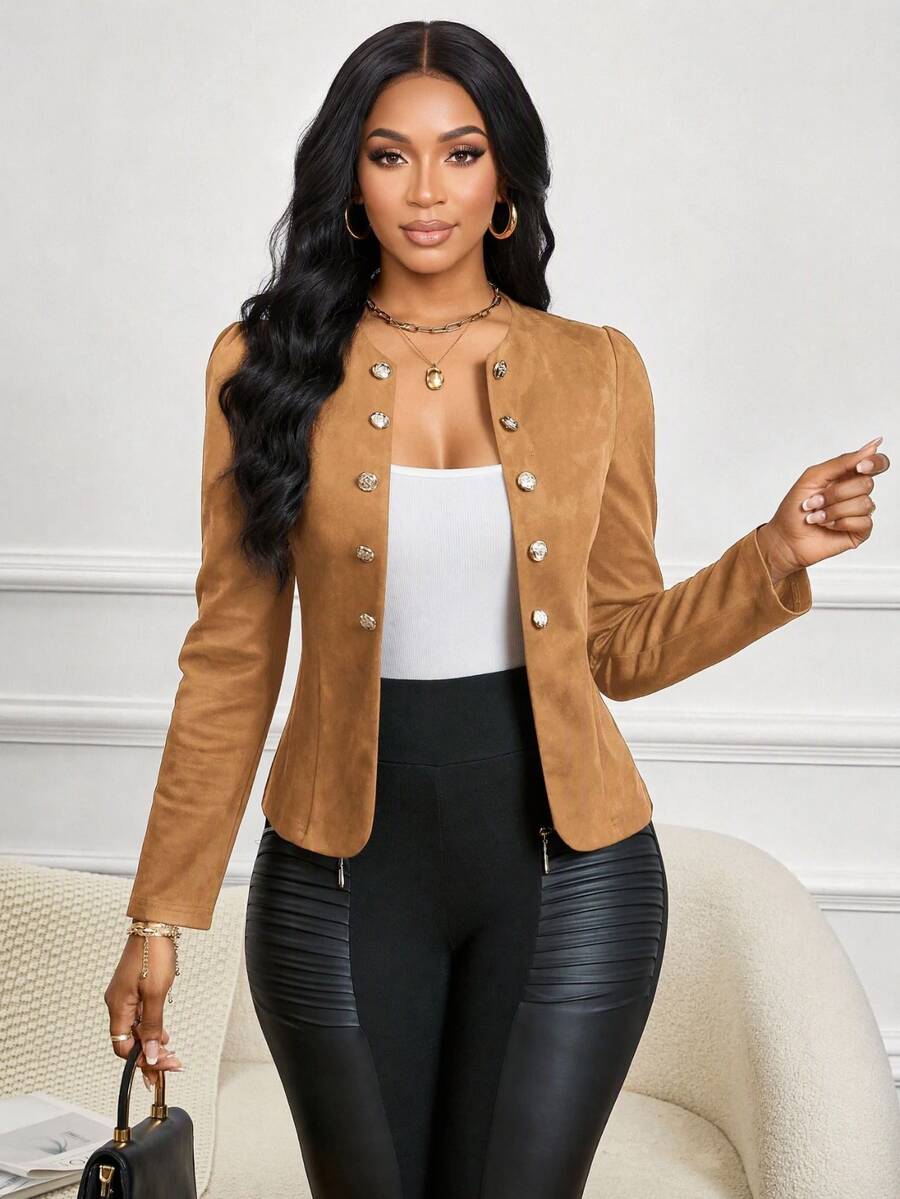 SHEIN Lady Solid Color Double Breasted Elegant Office Wear Lightweight Jacket, Long Sleeve In Fall/Winter - Brown - View 1