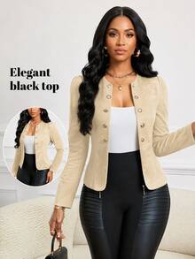 SHEIN Lady Chaqueta de apertura frontal con botones de ante color albaricoque, para uso en la iglesia y en todas las estaciones, especialmente en otoño/invierno - Caqui - Ver 1