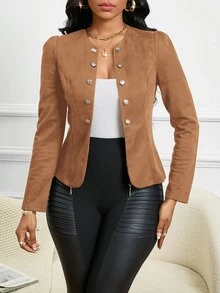SHEIN Lady 四季穿搭麂皮棕色系鈕扣裝飾開襟夾克外套，適合秋季辦公商務休閒風 - 鏽棕色 - 查看 7
