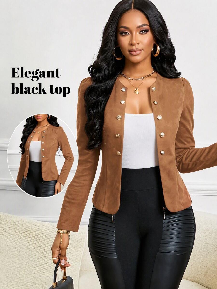 SHEIN Lady 四季穿搭麂皮棕色系鈕扣裝飾開襟夾克外套,適合秋季辦公商務休閒風 - 鏽棕色 - 查看 1