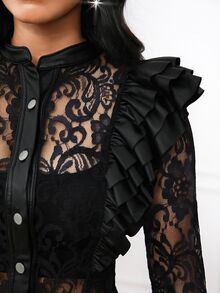 SHEIN Lady New Women Lace Blouse Long Sleeve Vintage Buttoned Ruffle Lace Patchwork Top Women Office Shirt - Black - View 8