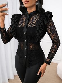 SHEIN Lady New Women Lace Blouse Long Sleeve Vintage Buttoned Ruffle Lace Patchwork Top Women Office Shirt - Black - View 5