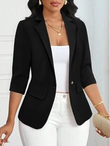 SHEIN Lady Classic Women's Black Blazer With Lapel Neck And Three Quarter Sleeves Perfect For Office Business Work Teachers' Day Summer Casual Professional Basic - Black - View 3