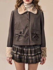 ROMWE Kawaii Women's Patchwork Animal Print Fur Collar Single-Breasted Casual Jacket - Brown - View 6