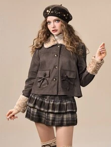 ROMWE Kawaii Women's Patchwork Animal Print Fur Collar Single-Breasted Casual Jacket - Brown - View 5