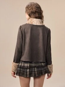 ROMWE Kawaii Women's Patchwork Animal Print Fur Collar Single-Breasted Casual Jacket - Brown - View 7