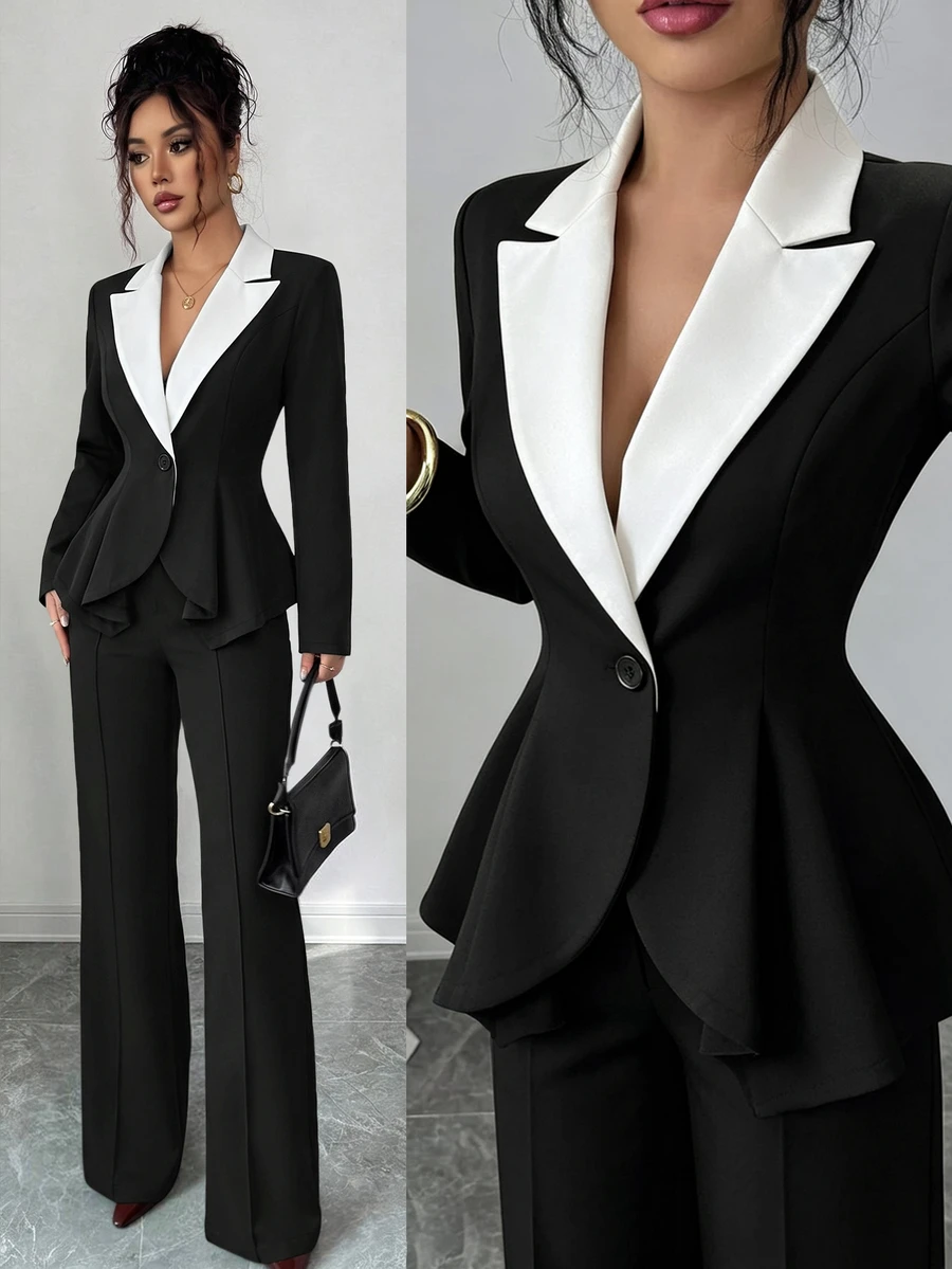 SHEIN Raffinéa Women's Elegant Daily Blazer Jacket, Versatile Fashion Contrast Color Collar Outerwear, Fall Winter Office Commute - Black and White - View 1