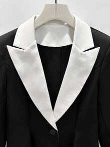 SHEIN Raffinéa Women's Elegant Daily Blazer Jacket, Versatile Fashion Contrast Color Collar Outerwear, Fall Winter Office Commute - Black and White - View 3