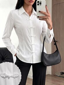 Modelyn New Chinese Style Frog Button Collar Long Sleeve Slim Fit Flattering Women's Elegant Commuter Versatile Shirt - White - View 2