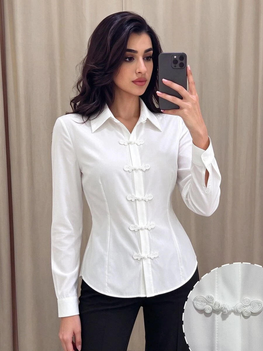 Modelyn New Chinese Style Frog Button Collar Long Sleeve Slim Fit Flattering Women's Elegant Commuter Versatile Shirt - White - View 1