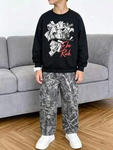 2件組青少年男孩衛衣套裝 嘻哈風 黑灰紅迷彩標語 落肩圓領 寬腿褲 開學季 秋季萬聖節 - 彩色 - 查看 1