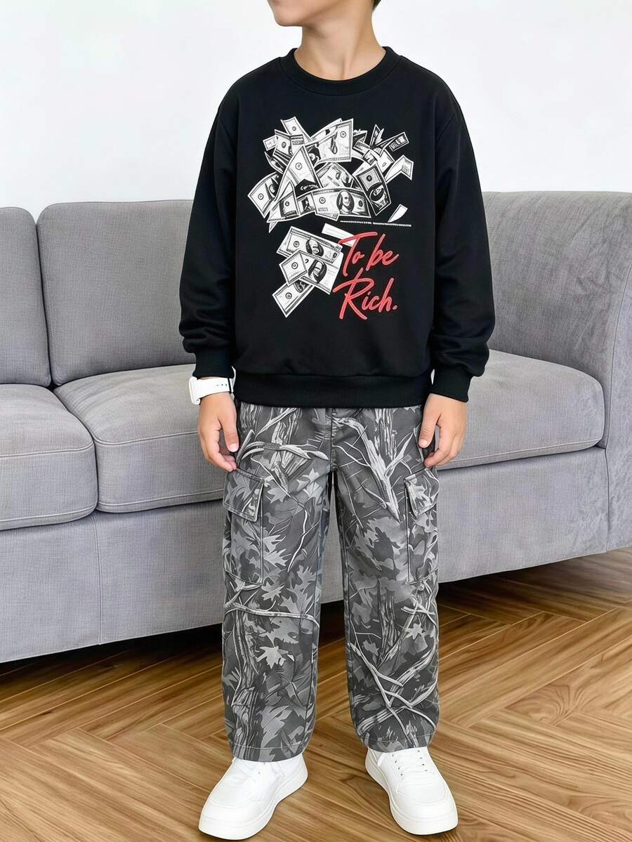 2件組青少年男孩衛衣套裝 嘻哈風 黑灰紅迷彩標語 落肩圓領 寬腿褲 開學季 秋季萬聖節 - 彩色 - 查看 1