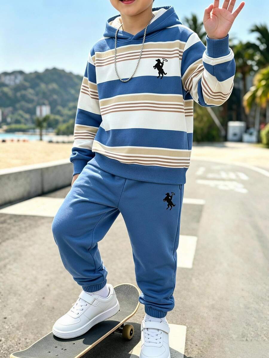 Tween Boys Casual Baggy Comfortable Fashion Minimalist Blue And White Striped Aqua Blue Colorblock Hoodie Sweatshirt Set School Sports Autumn/Winter - Multicolor - View 1