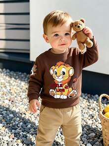 Baby Boys Sweatshirt Casual Brown Graphic Print Long Sleeve Loose Crew Neck Fleece Cute School Gift Fall Tops Pullover Fall Style - Black - View 1