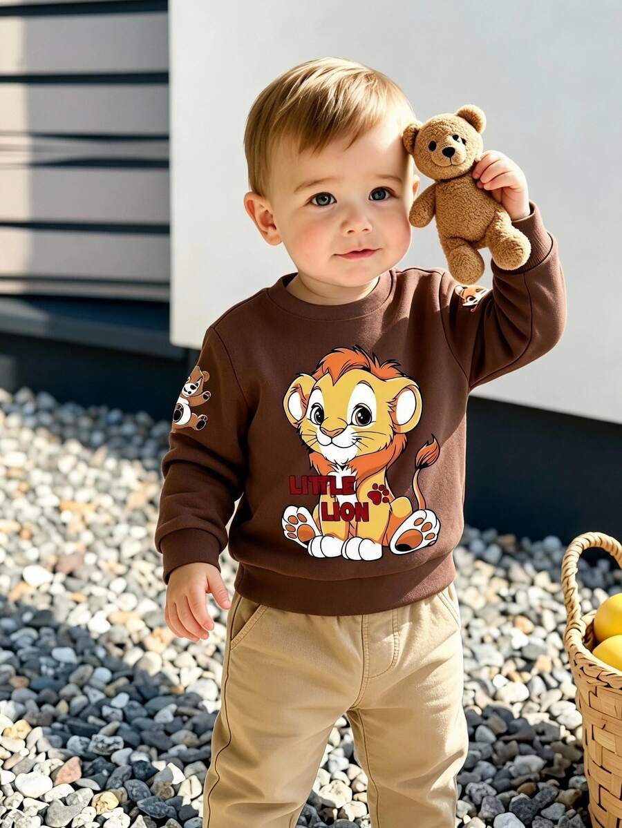 Baby Boys Sweatshirt Casual Brown Graphic Print Long Sleeve Loose Crew Neck Fleece Cute School Gift Fall Tops Pullover Fall Style - Black - View 1