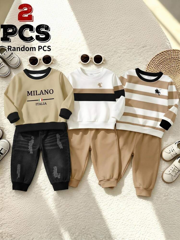 SHEIN 2pcs Baby Boys Sweatshirt Sets Cute Preppy Smart Safari Tan Letter Black Loose Ribbed Cuff Autumn Back To School Family Matching Sporty Outfits - Multicolor - View 1