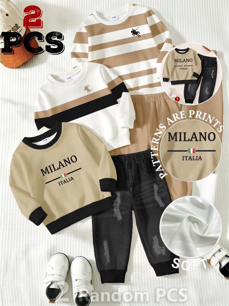 SHEIN 2pcs Baby Boys Sweatshirt Sets Cute Preppy Smart Safari Tan Letter Black Loose Ribbed Cuff Autumn Back To School Family Matching Sporty Outfits - Multicolor - View 7