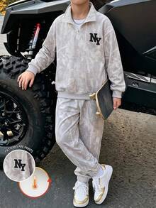 2pcs Tween Boys Sweatshirt Set Grey Marble Print Loose Half Zip Long Sleeve Fleece Back To School Autumn Casual Streetwear Graphic Jogger - Multicolor - View 1