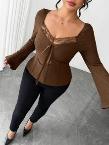 Elenzga Plus Size Brown Lace Patchwork Ribbon Tie Waist V-Neck Women's Blouse Brunch Morning Fall Elegant - Brown - View 4