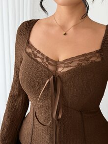 Elenzga Plus Size Brown Lace Patchwork Ribbon Tie Waist V-Neck Women's Blouse Brunch Morning Fall Elegant - Brown - View 1