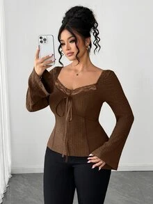 Elenzga Plus Size Brown Lace Patchwork Ribbon Tie Waist V-Neck Women's Blouse Brunch Morning Fall Elegant - Brown - View 3