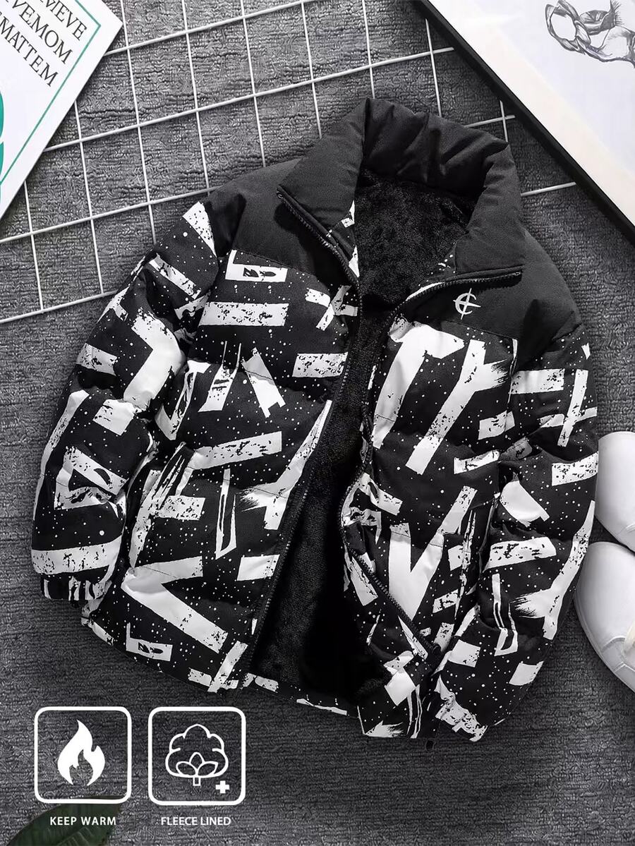 Manfinity Roughcore Men's Letter Pattern Long Sleeve Zipper Front Casual Winter Jacket - Multicolor - View 1