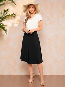 Amorya Solid Flare Hem Skirt Black Skirt Summer - Black - View 4