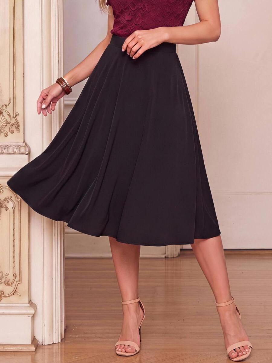 Amorya Solid Flare Hem Skirt Black Skirt Summer - Black - View 1