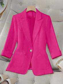 Rafferiza Solid Color Basic Suit Blazer For Casual And Commute, Spring/Summer - Hot Pink - View 10