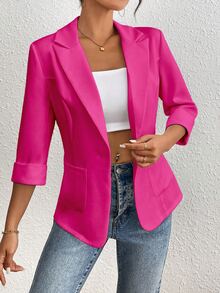 Rafferiza Solid Color Basic Suit Blazer For Casual And Commute, Spring/Summer - Hot Pink - View 8